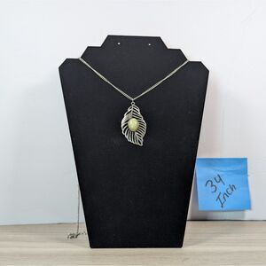 Silver Tone Leaf Pendant Necklace Green Stone Accent 34” Chain